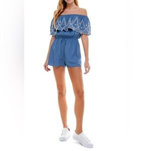 KINGSTON GREY Blue Stretch Eyelet Embroidered Off Shoulder Romper NWT